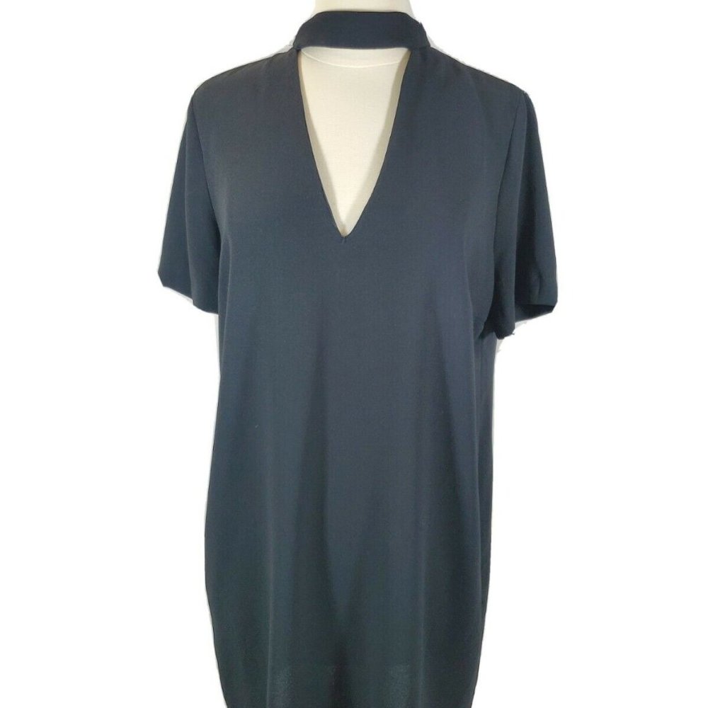 Zara Women's Black Shift Dress Size M Short Front Key Hole Short Sleeve